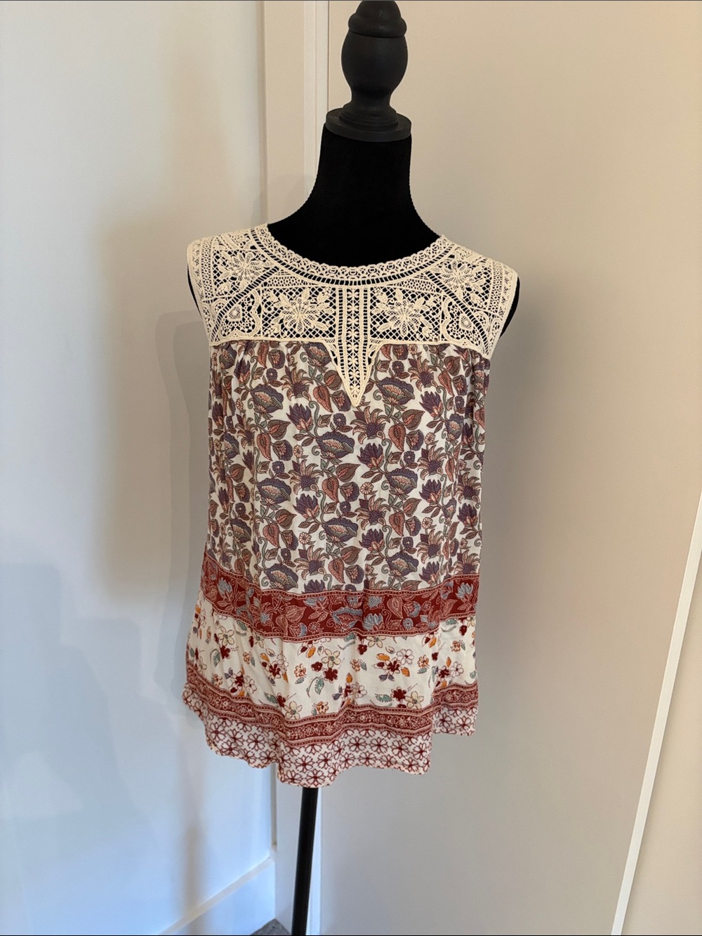 Maeve Cream Crochet Yoke Floral Tank with Rust and Brown Print